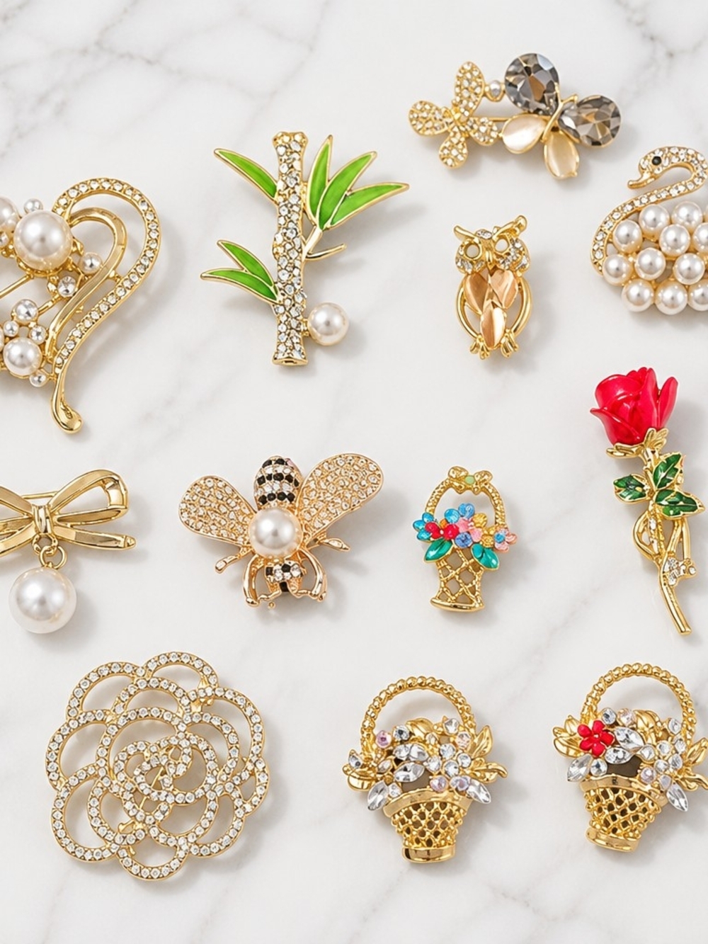 Gold-Tone Floral & Animal Brooch Set with Pearls and Crystals - Women Jewelry